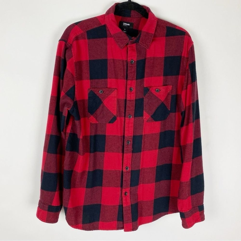 URBAN PIPELINE Black Red Check Cotton Flannel Button Up Shirt‎ Mens Size L